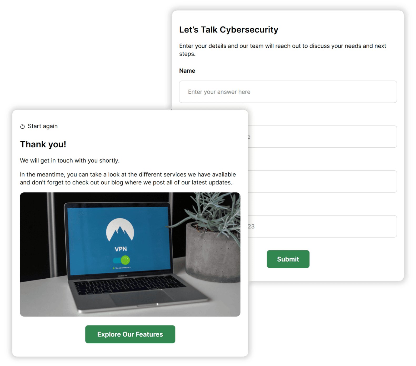 Online cybersecurity lead form with contact details screen and thank-you confirmation page.