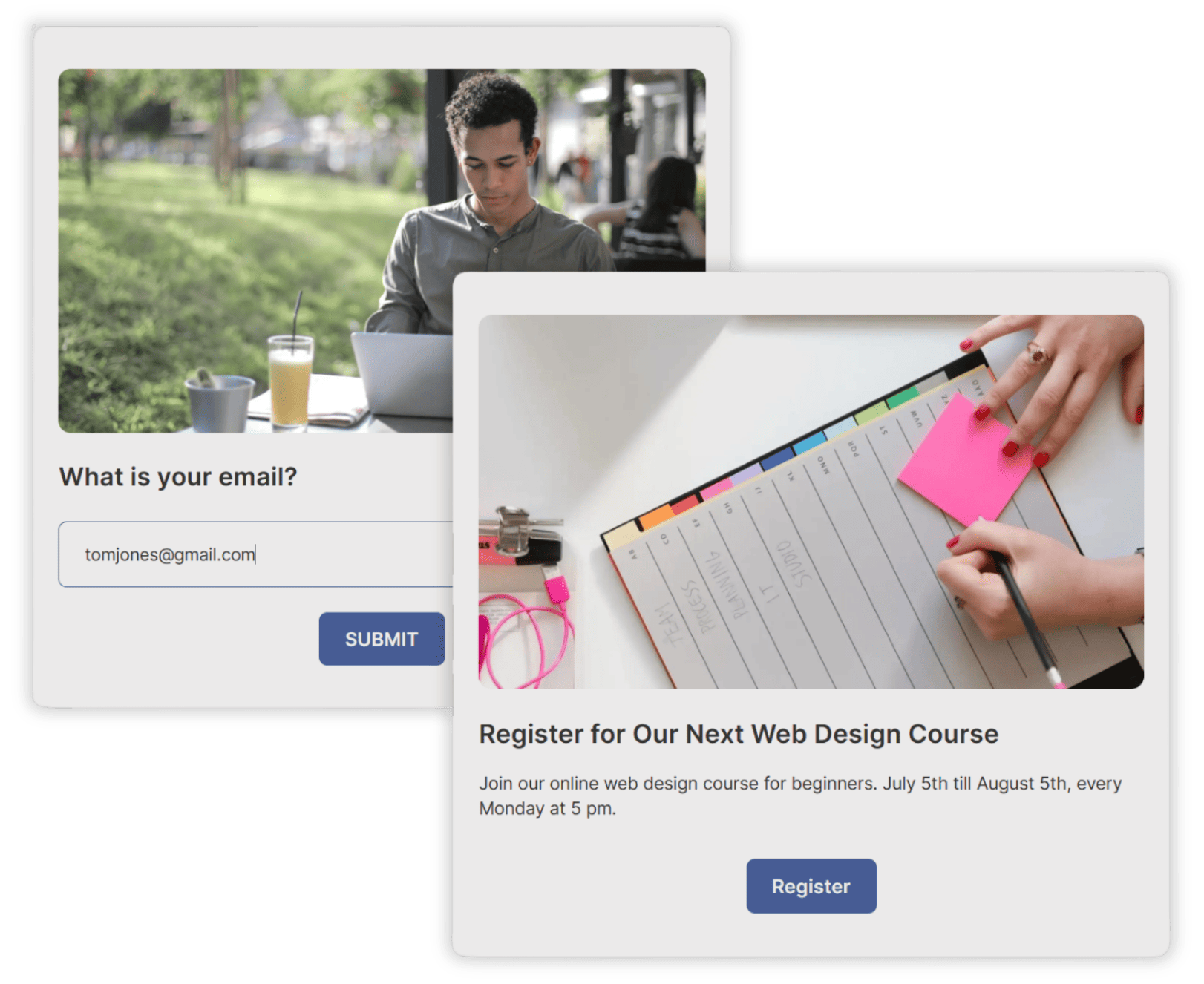 Online multi-step form with email signup and course registration screen.