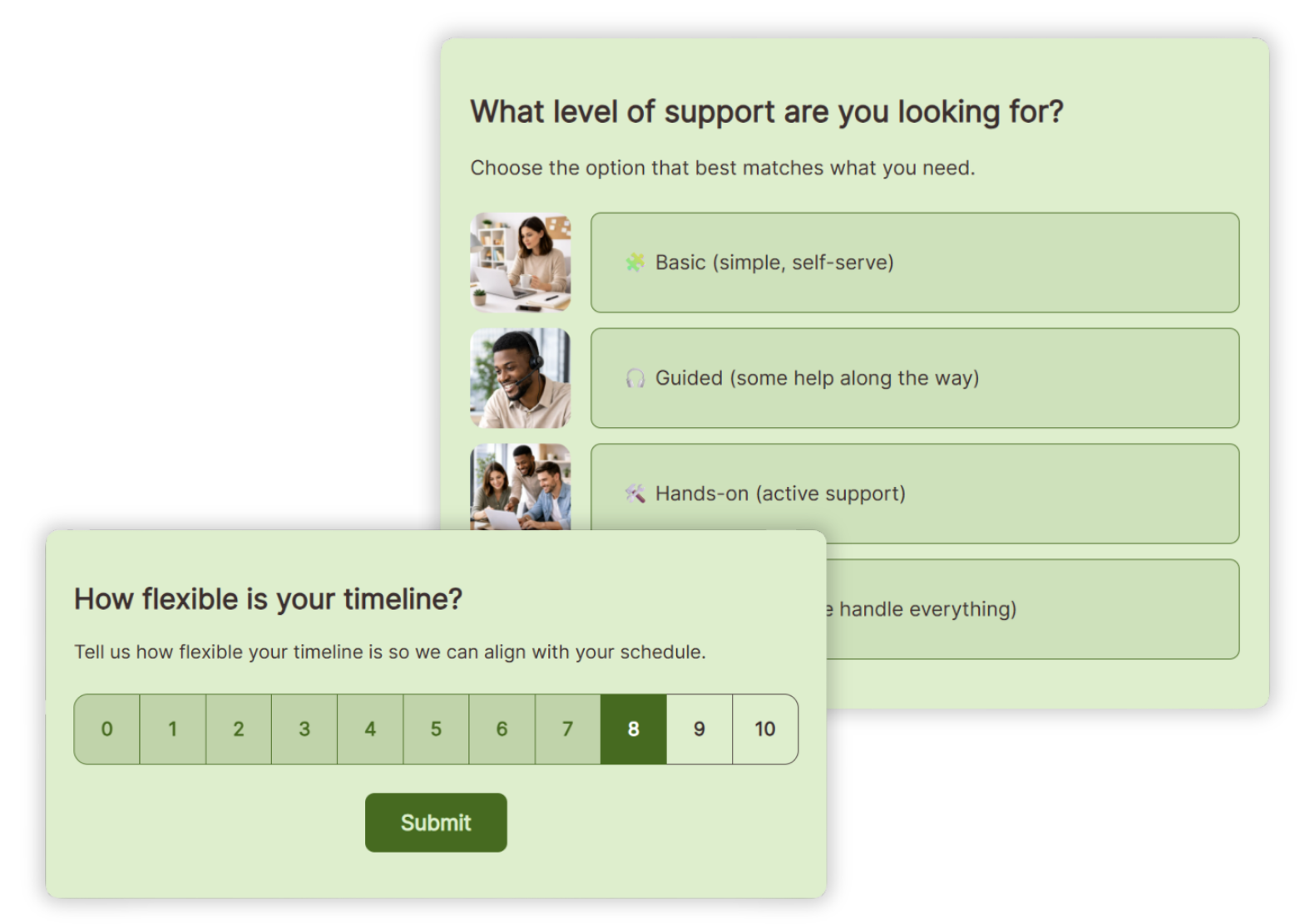 Opinion Stage form with a visual multiple choice question and a 1–10 opinion rating scale.