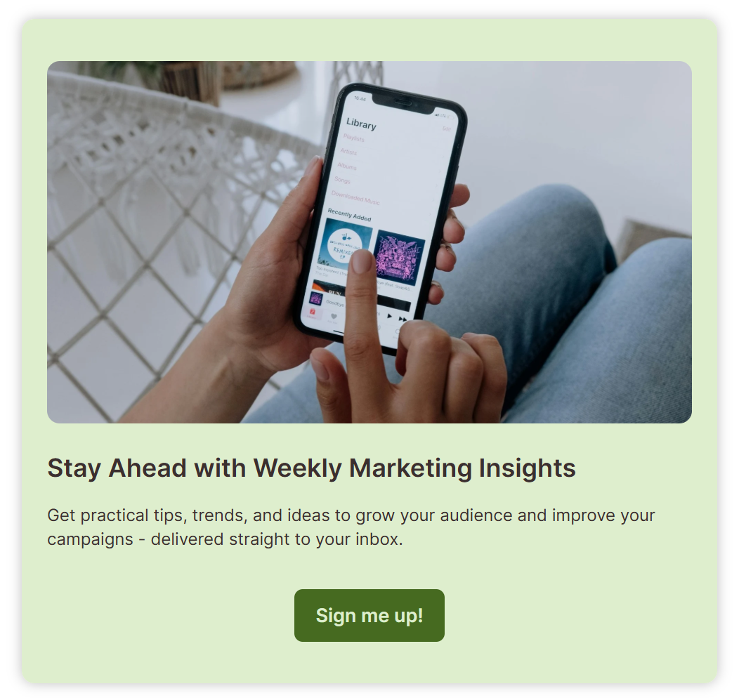 Marketing newsletter signup form cover with sign-up button.