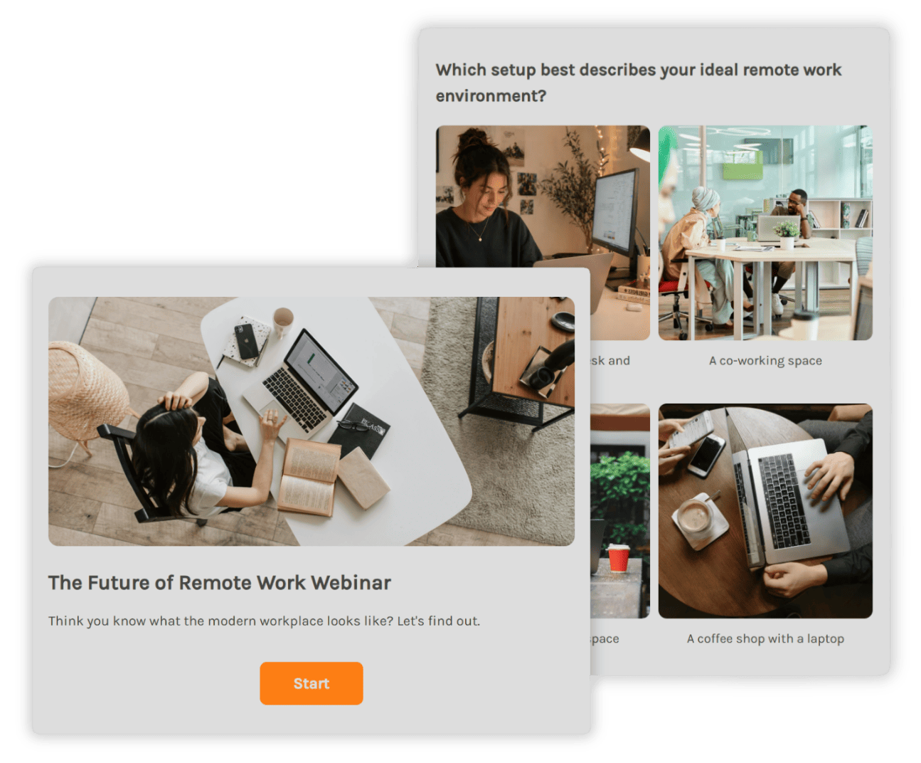 Live quiz example showing a remote work webinar quiz with image-based answer options in Opinion Stage