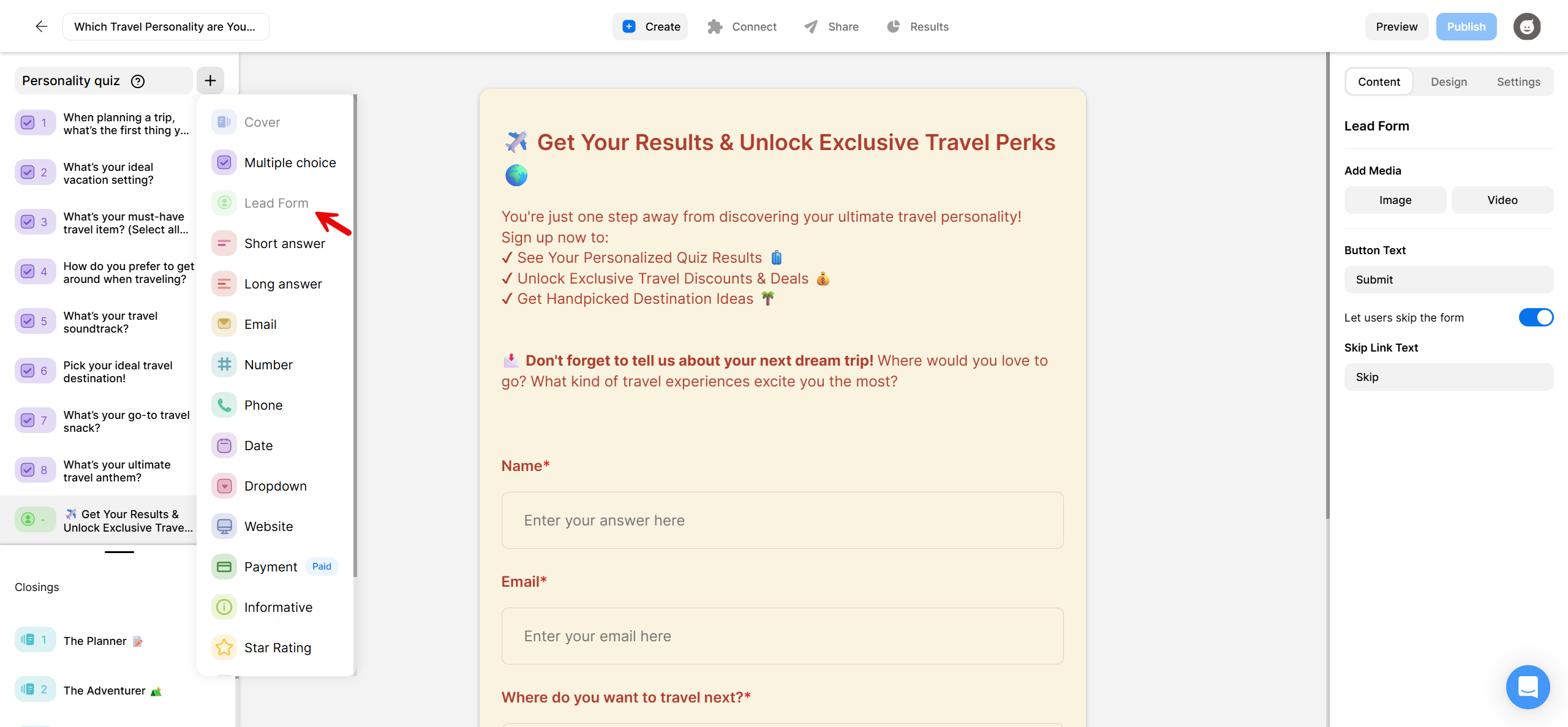 Opinion Stage quiz builder showing a personality quiz with a lead form screen, while a menu of question types is open and an arrow points to the option to add a lead form.