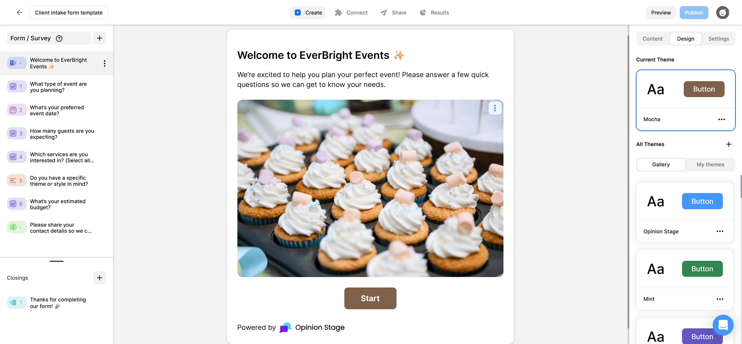 Opinion Stage form builder interface showing a client intake form with questions, visual editor, and design customization panel.