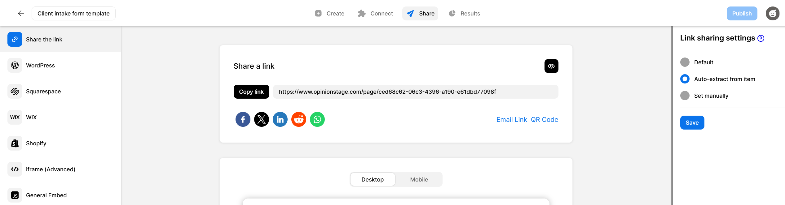 Opinion Stage form builder share screen showing link sharing options, copy link button, and social media sharing icons.