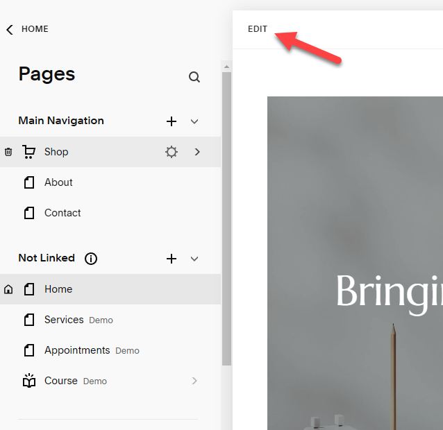 Click Edit in the top-left corner of your Squarespace page