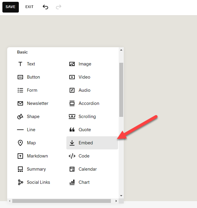 Select Embed from the Squarespace block menu