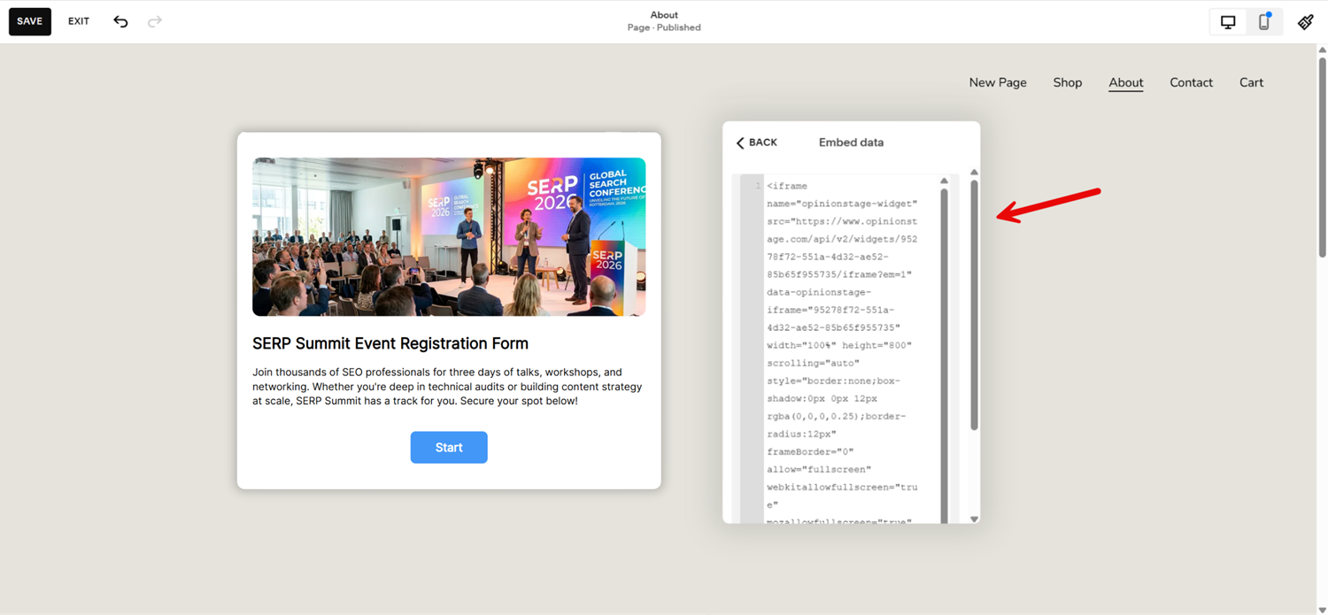 Opinion Stage form embedded on a Squarespace page