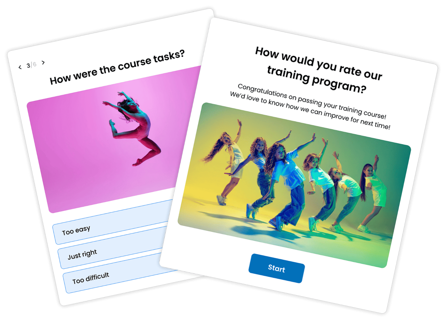 Training feedback survey with a cover screen and a question asking about course difficulty with answer options.