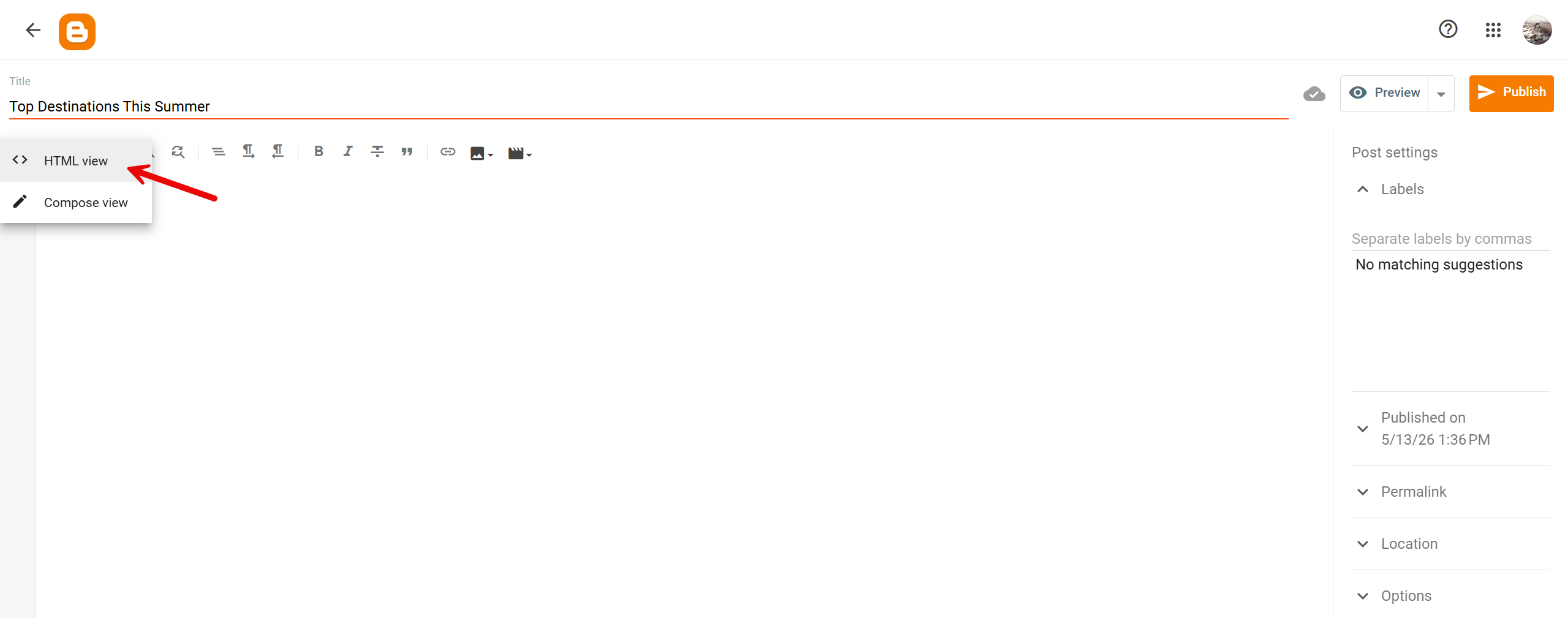 Blogger post editor with the view-switcher dropdown open showing HTML view and Compose view options.