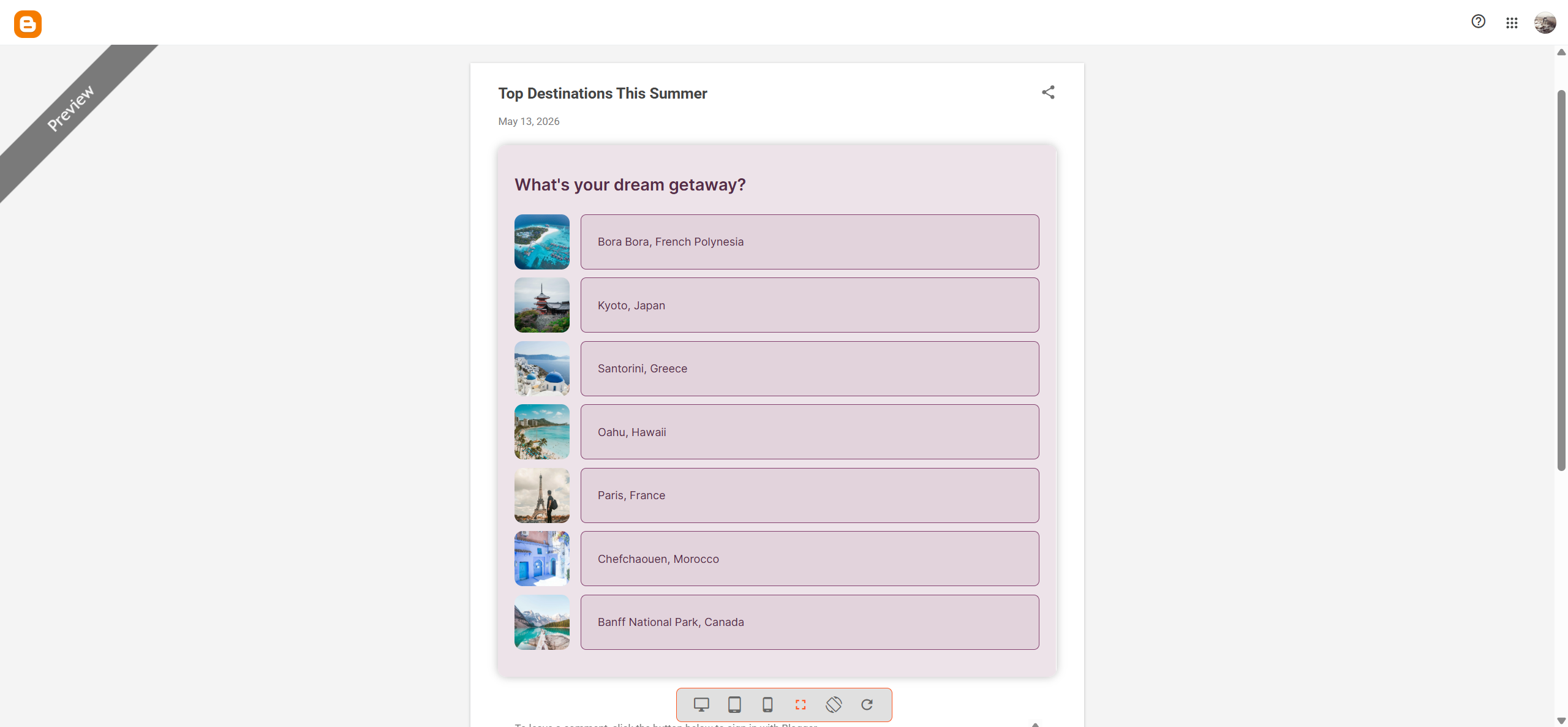 Blogger post preview showing the embedded Opinion Stage image poll, What's your dream getaway, with travel destination thumbnails rendered live on the published post.