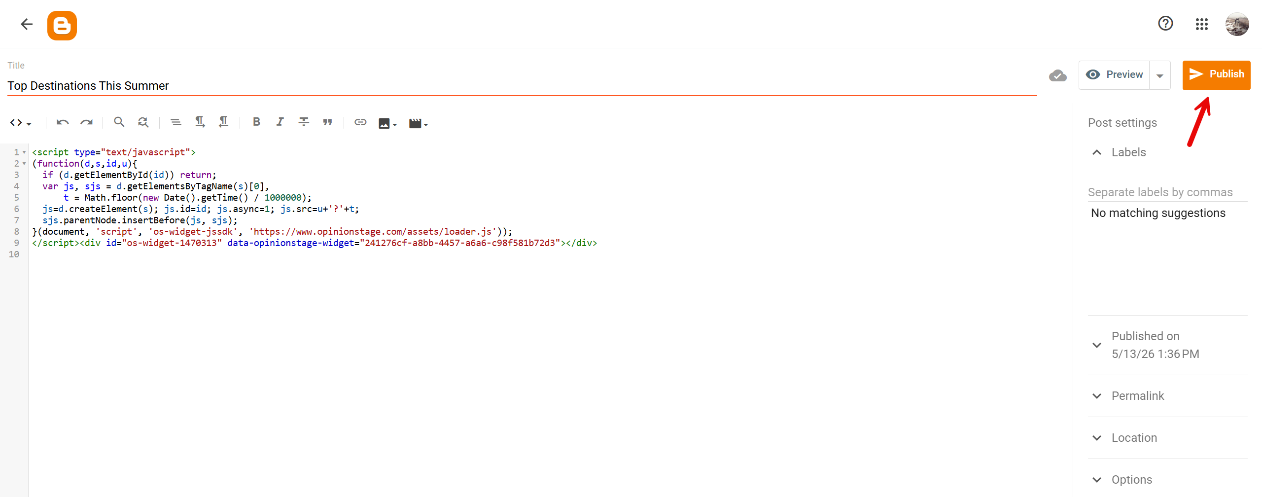Blogger post editor in HTML view with the Opinion Stage embed code pasted in and an arrow pointing to the Publish button.
