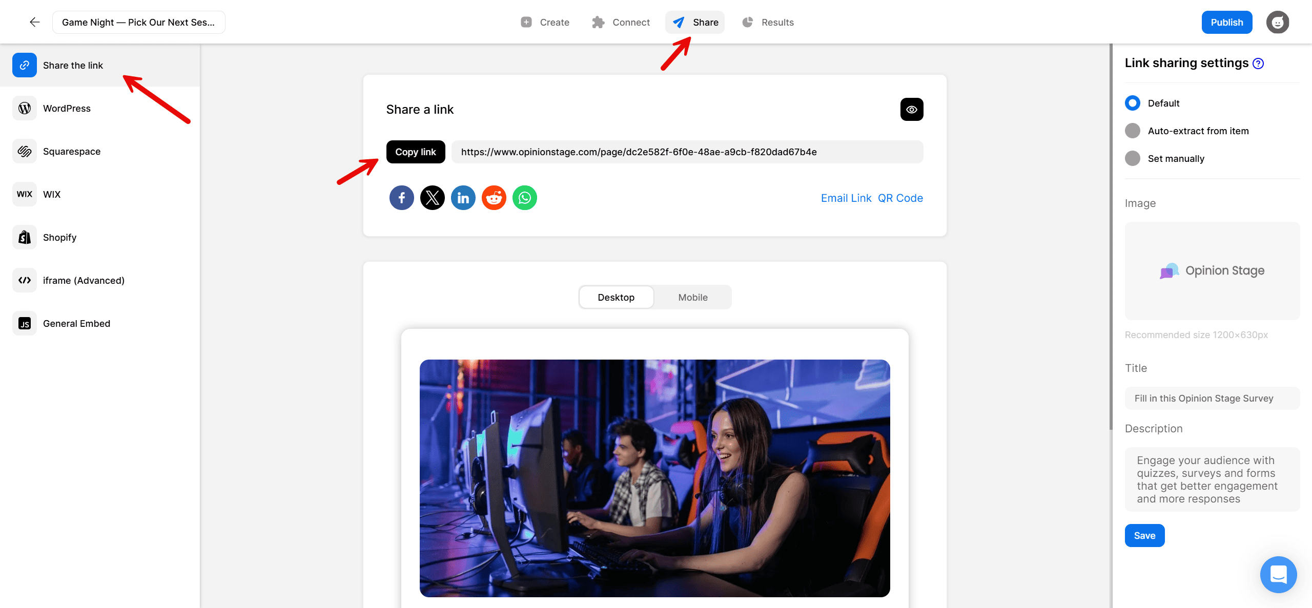 Opinion Stage share screen with copy link button for pasting into a Discord channel