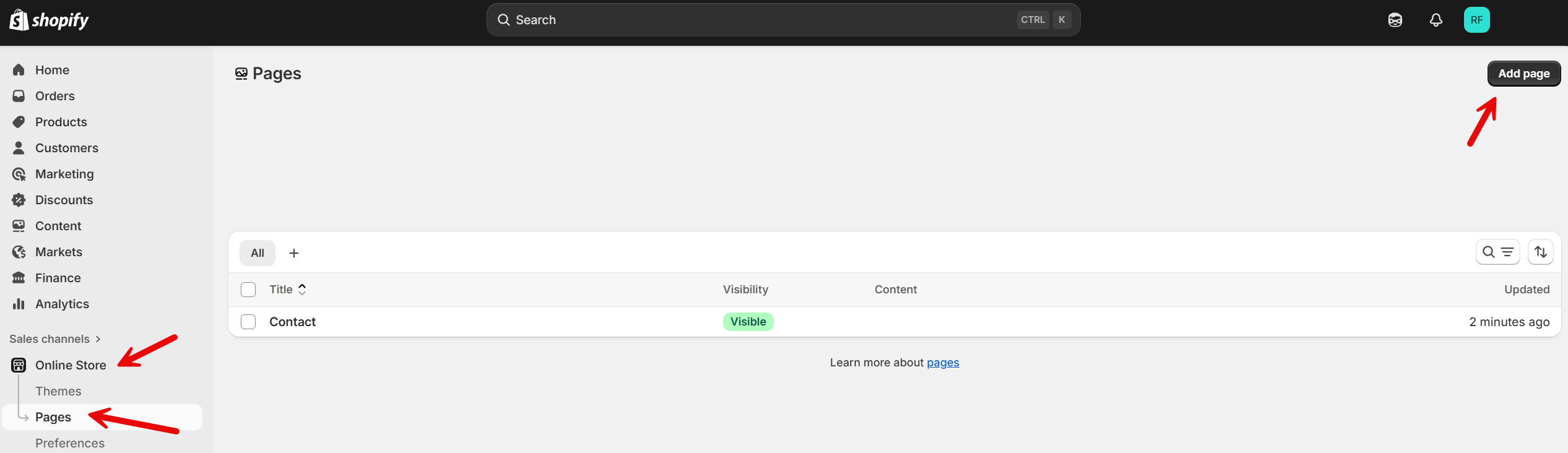 Shopify admin dashboard showing the Pages section, with red arrows pointing to Online Store and Pages in the left sidebar navigation, and another arrow highlighting the Add page button in the top-right corner.