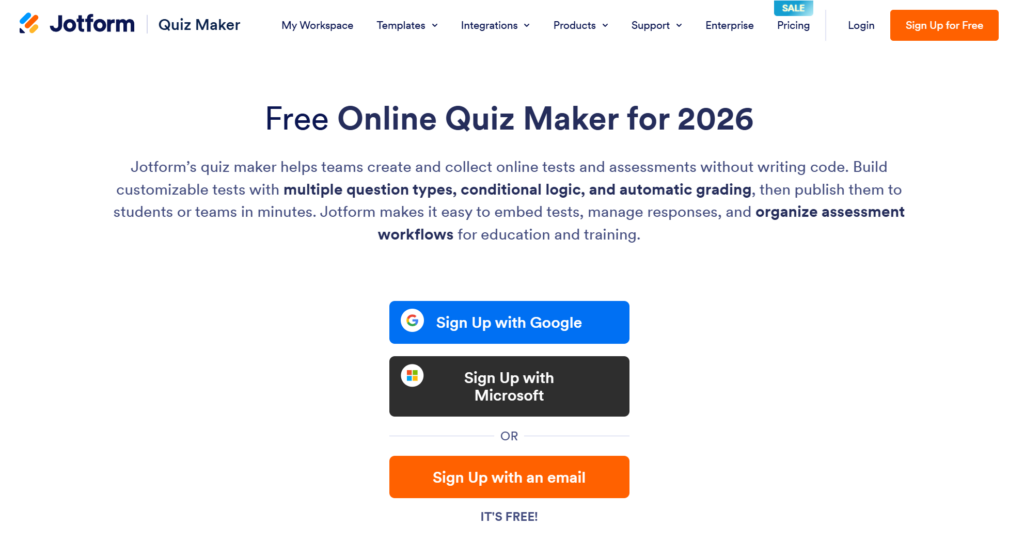 Screenshot of Jotform's homepage with text explaining the uses of their quiz maker.