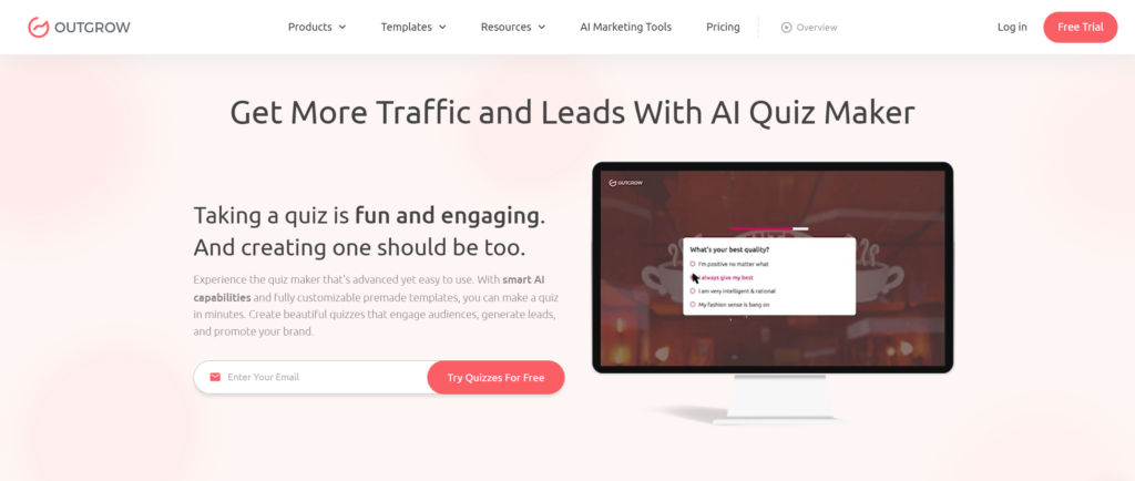 Screenshot of the Outgrow AI Quiz Maker homepage with a sample interactive quiz