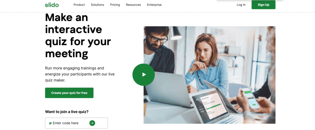 Screenshot of the Slido live quiz platform homepage showing quiz creation for meetings and presentations