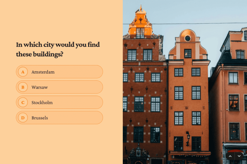 Example of a Typeform quiz showing colorful buildings and a trivia question