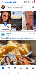 Facebook mobile home screen with an arrow pointing to the Create Story button