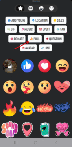Facebook Story sticker tray with an arrow pointing to the Poll sticker option