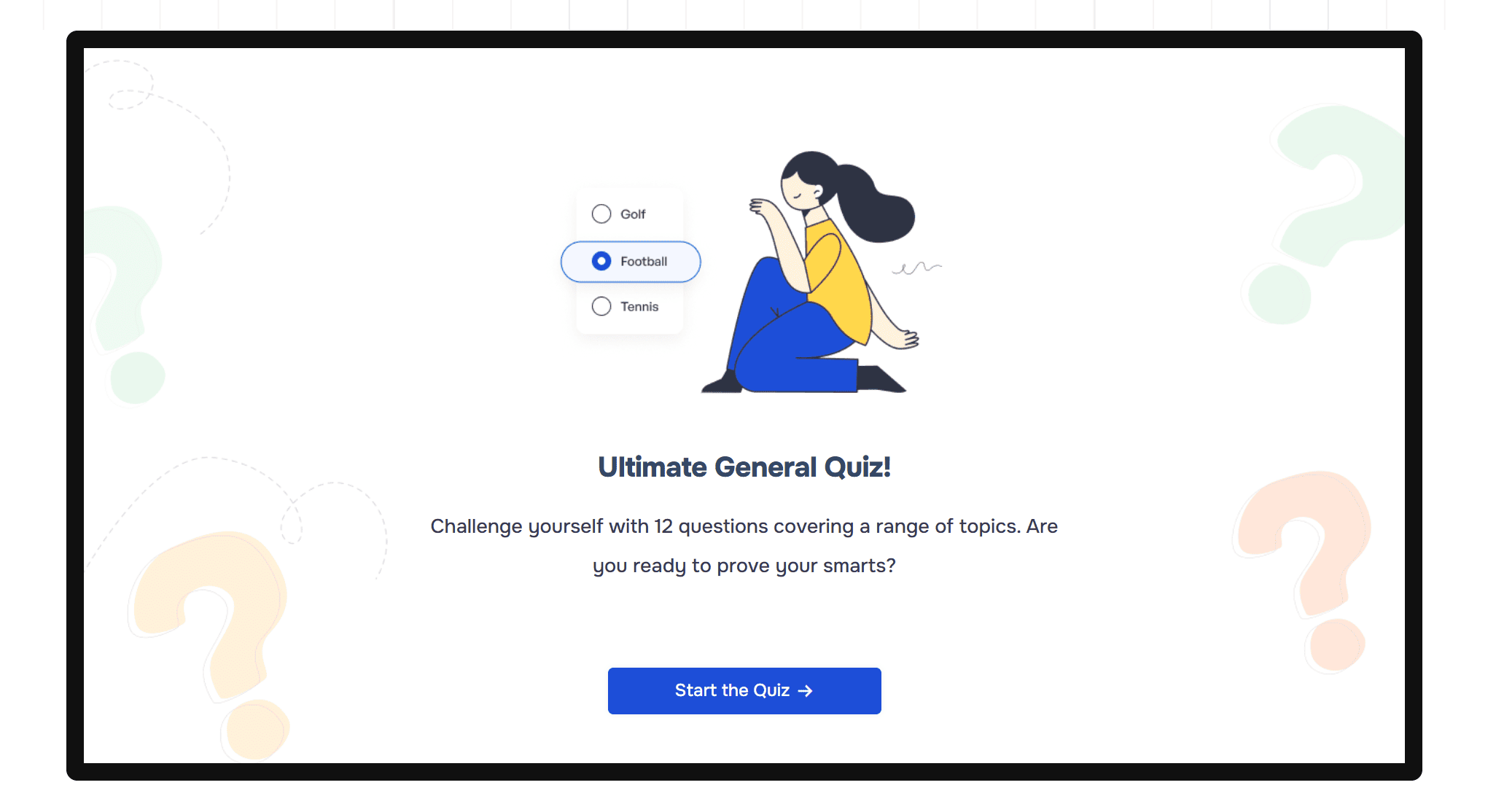 Quiz and Survey Master QSM general knowledge quiz with multiple-choice question and start button