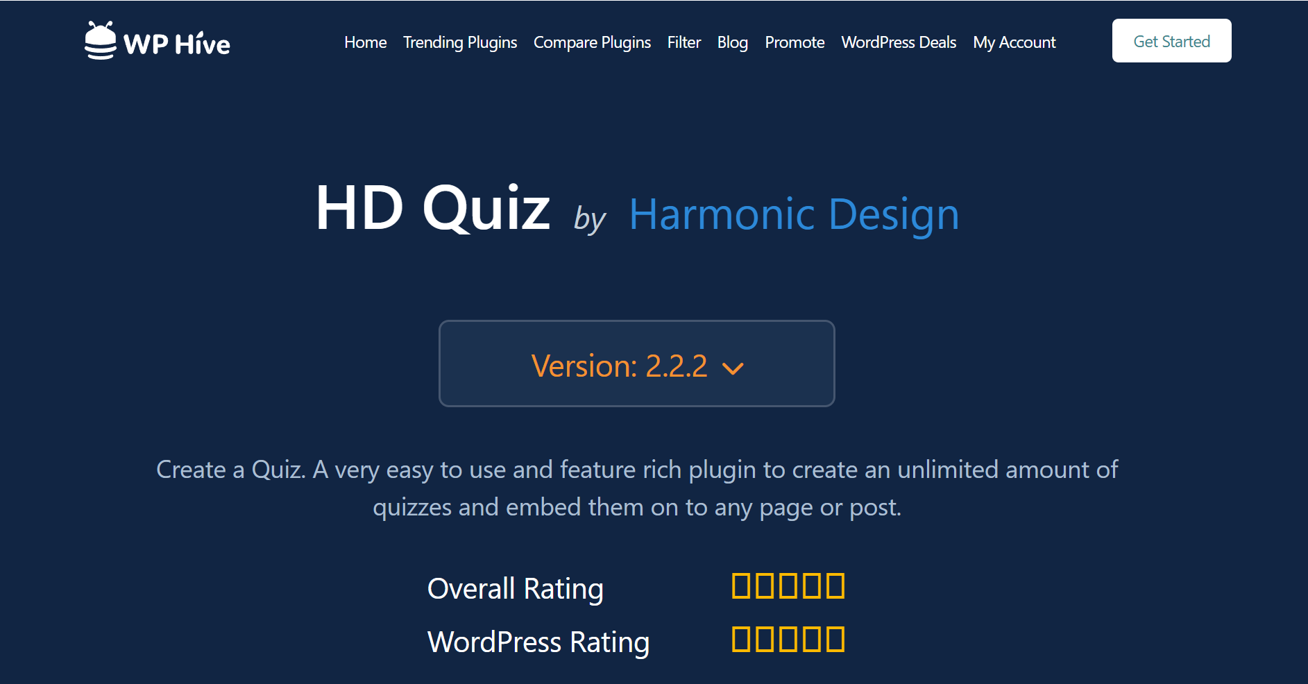 WP Hive plugin page for HD Quiz by Harmonic Design showing version and rating details