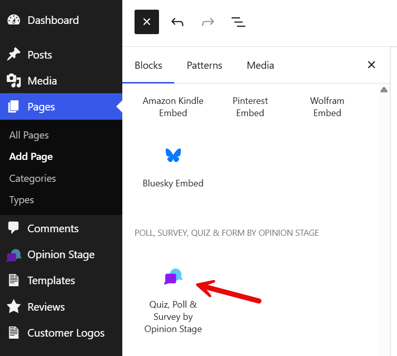 WordPress block inserter with an arrow pointing to the Quiz, Poll & Survey by Opinion Stage block.
