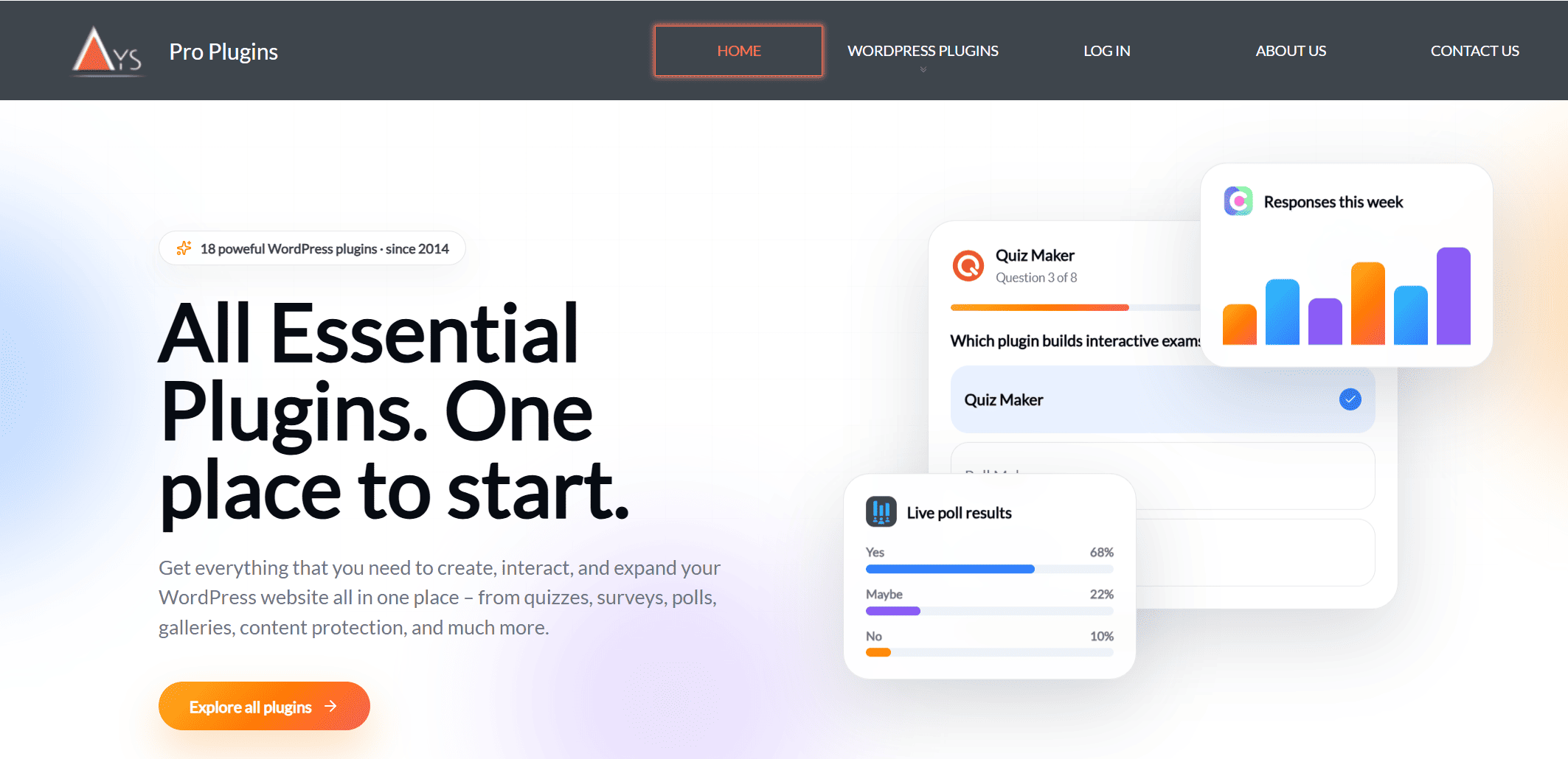 AYS Pro Plugins homepage showing its quiz, poll, and live-response widgets