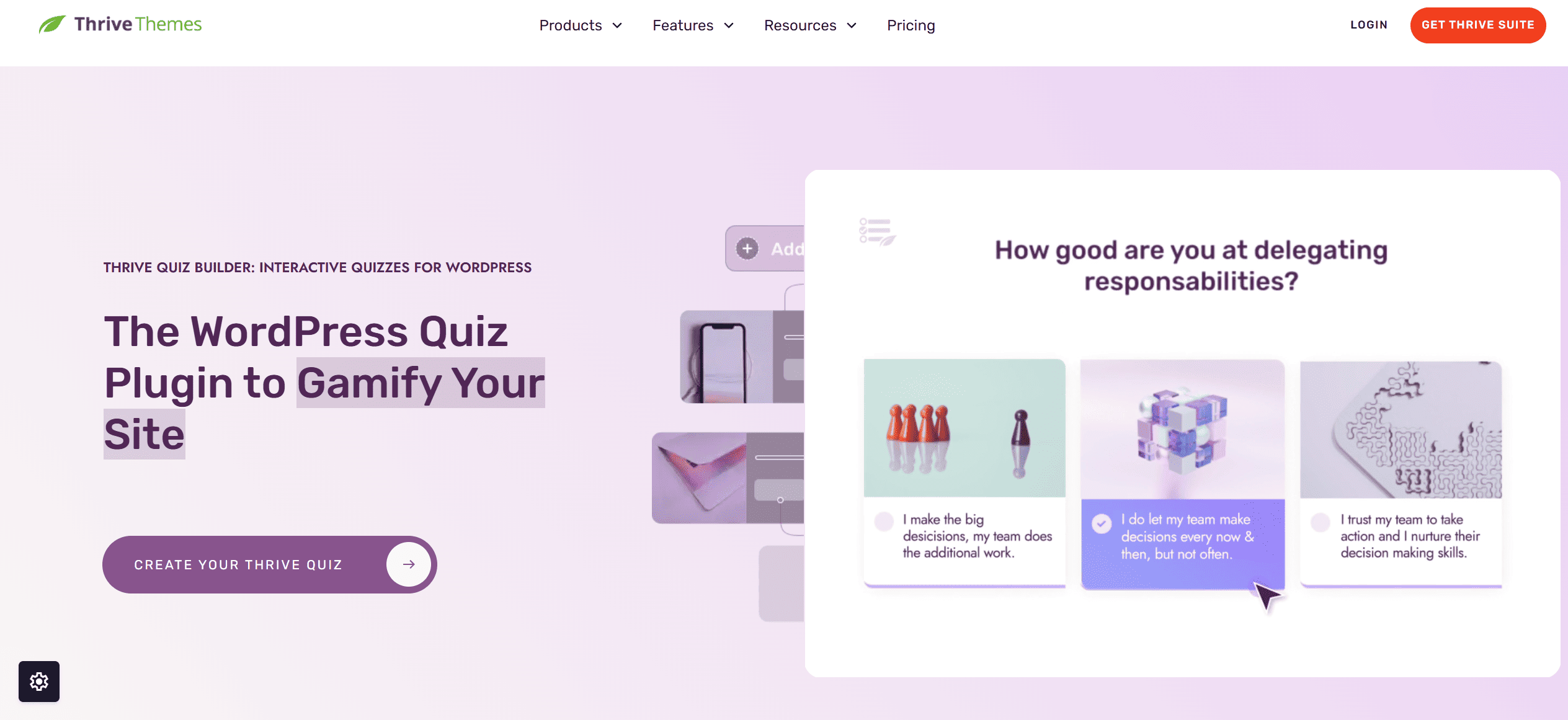 Thrive Quiz Builder homepage showing an image-based delegation style quiz